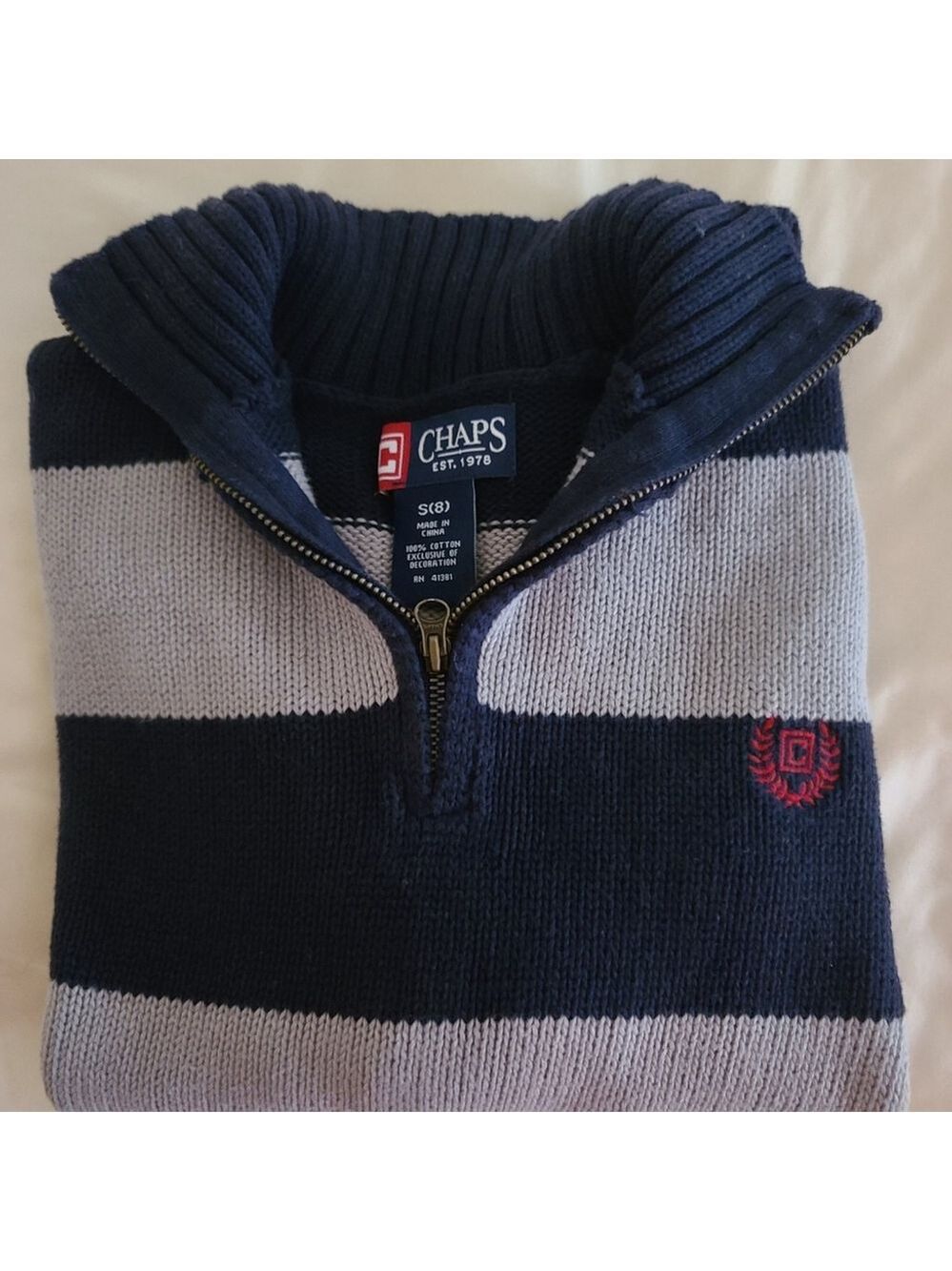 Chaps Boys Size 8 Gray Navy Sweater with Quarter Zip - Picture 3 of 6